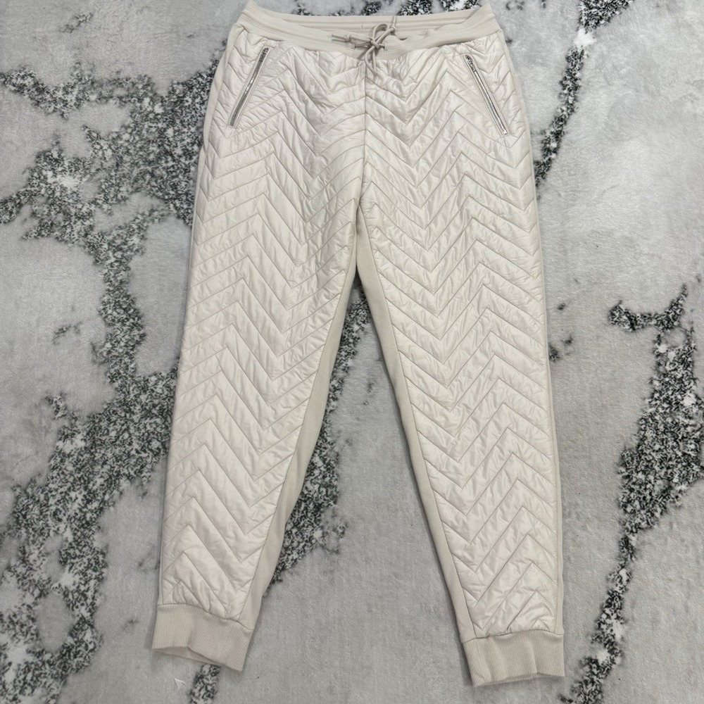 Athleta Womens Sz 14 Quilted‎ Jogger Pants Ivory Chevron Insulated Zip Pocket